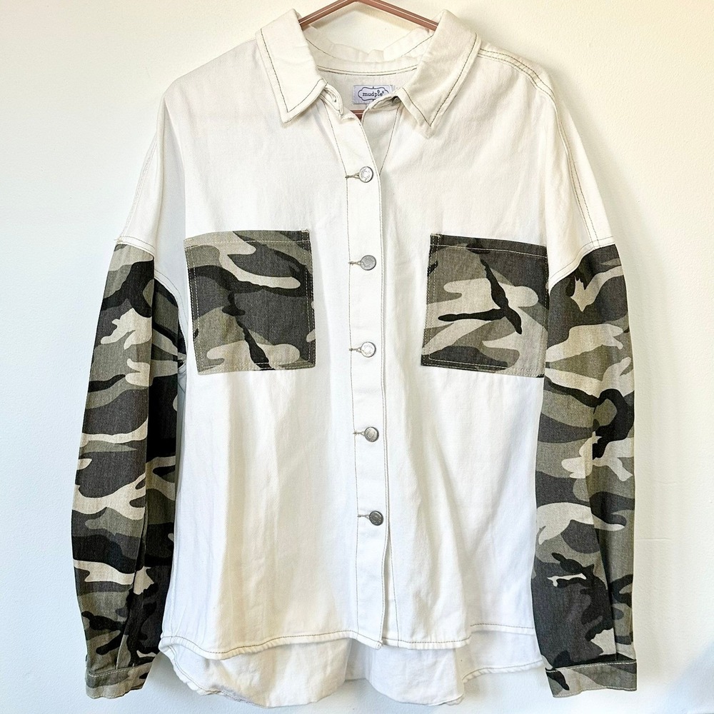 Mud Pie White Denim Camo Sleeve Shacket Utility Button Front Shirt Jacket M/L